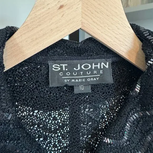 St. John Couture Black Embellished Zip Up Jacket Paillette Scallop Edge Trim 10
